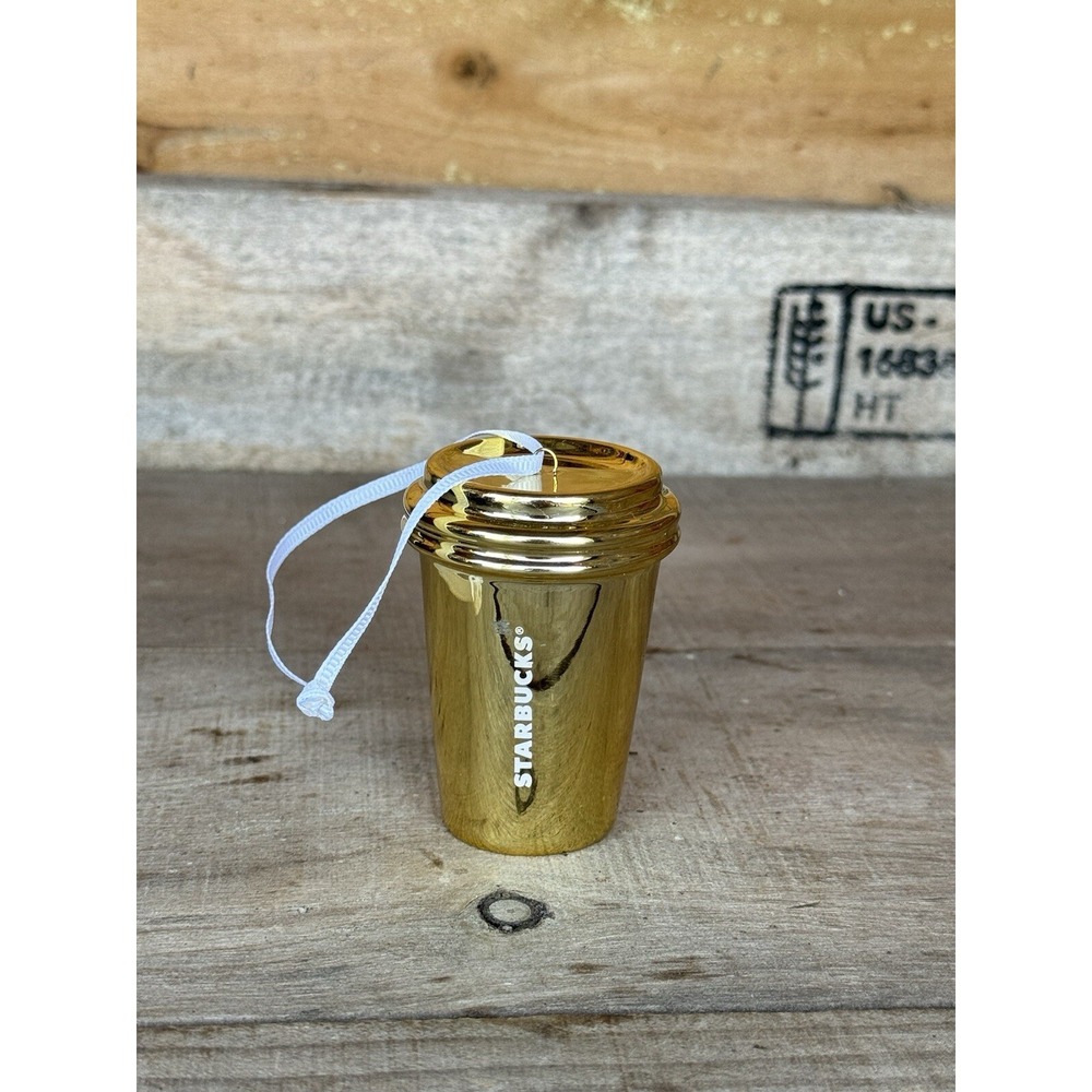 Starbucks Paper Cup Shaped Ceramic Gold Tone Christmas Ornament